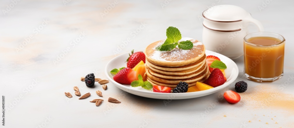 Poster on a gray cement background there is a trendy food and drink combination of mini pancake cereal and 