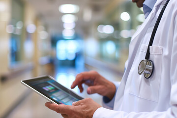 hospital setting, focus on a doctor engaged with a digital tablet, reflecting the synergy between healthcare and technology. medical field's ongoing evolution, driven by advancemen