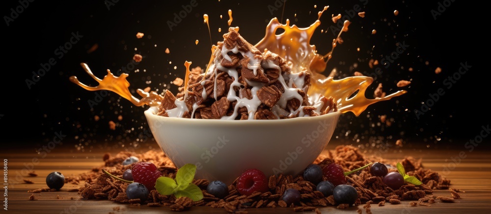 Poster an appetizing bowl of chocolate granola adorned with a generous splash of milk and a variety of tast