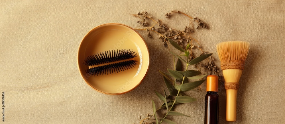 Poster a bowl containing a homemade hair mask along with ingredients and a bamboo comb is displayed on a be