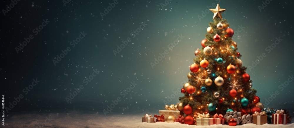 Poster A festive Christmas themed image featuring a beautifully decorated tree adorned with colorful ornaments set against a backdrop of holiday cheer Copy space image