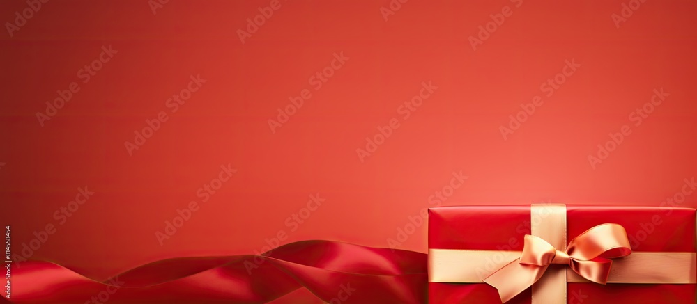 Poster A copy space image of a red banner adorned with a beautifully wrapped gift box secured with elegant red ribbons