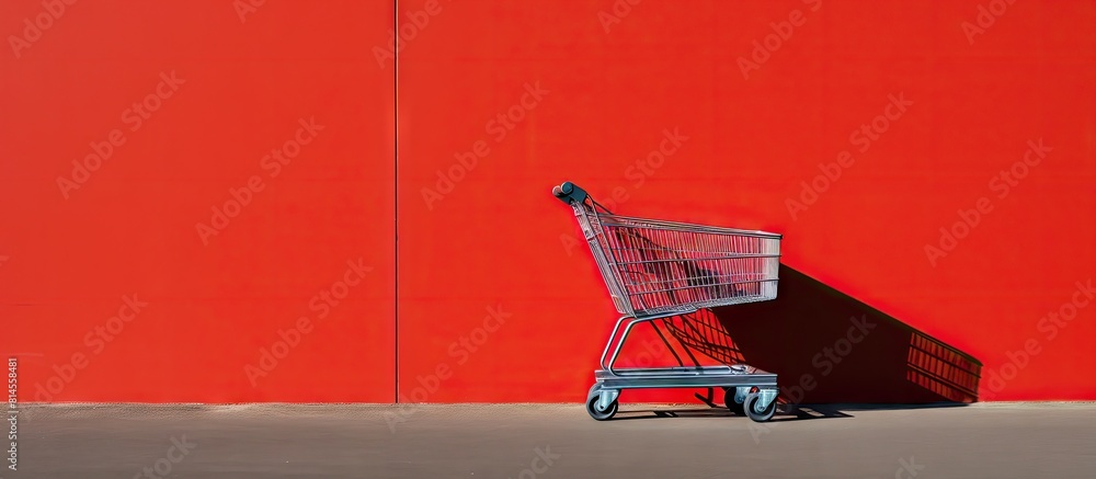Poster a copy space image of a single shopping cart with a shadow against a vibrant red wall