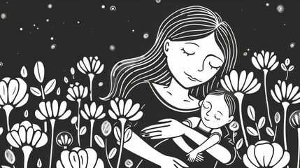 A woman cradles a baby in a vibrant field of flowers, celebrating motherhood