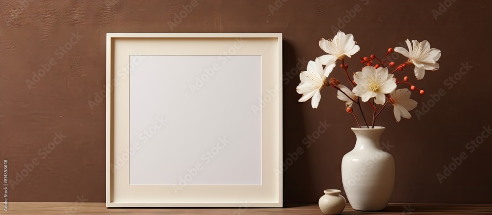 Aufkleber A home decoration featuring a wooden frame with a vase holding a white flower placed on a table creating a delightful copy space image