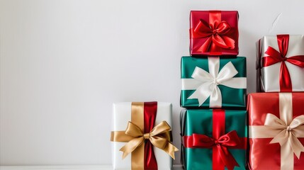 A stack of red gift boxes with gold bows and ribbon