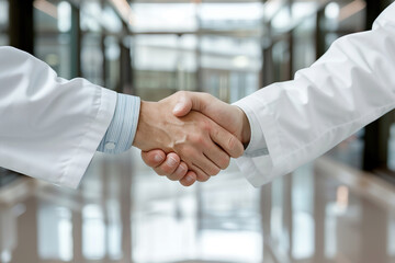 close-up of the moment of collaboration as two doctors wearing white medical coats shake hands in the hospital. The glass walls in the background symbolize transparency and moderni