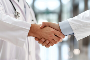 sleek backdrop, a close-up of two doctors in white medical coats shaking hands in the hospital. The gesture symbolizes unity and shared commitment to excellence in healthcare, show