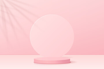 3d pink podium pedestal with geometric backdrop, product stand with pastel room background. Vector mockup scene for product showcase.