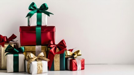 A stack of red gift boxes with gold bows and ribbon