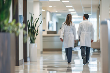 visually compelling commercial photo, two doctors walking through a modern and sleek clinic hospital, captured from behind. The photo exudes professionalism and partnership, emphas