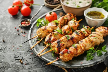 sizzling chicken kebabs with fresh vegetables