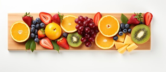 A top view of a variety of freshly chopped fruits artfully arranged on a wooden cutting board placed on a white background leaving ample space for text or other images The vibrant fruits can be used