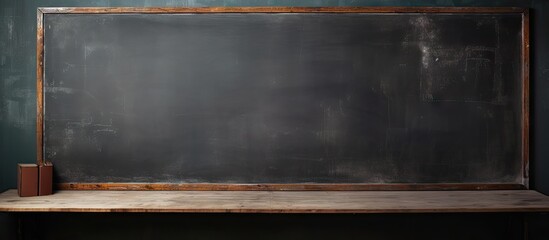 An aged blackboard formerly used for teaching is placed against a wall in the foreground presenting a vintage aesthetic with ample room for additional content