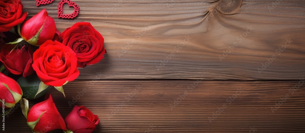 Poster valentine s day background featuring red roses and a heart on a wooden surface with copy space image