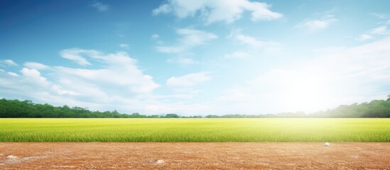 A bright sunny day reveals a clean baseball field with a close up view of a base providing excellent copy space for images
