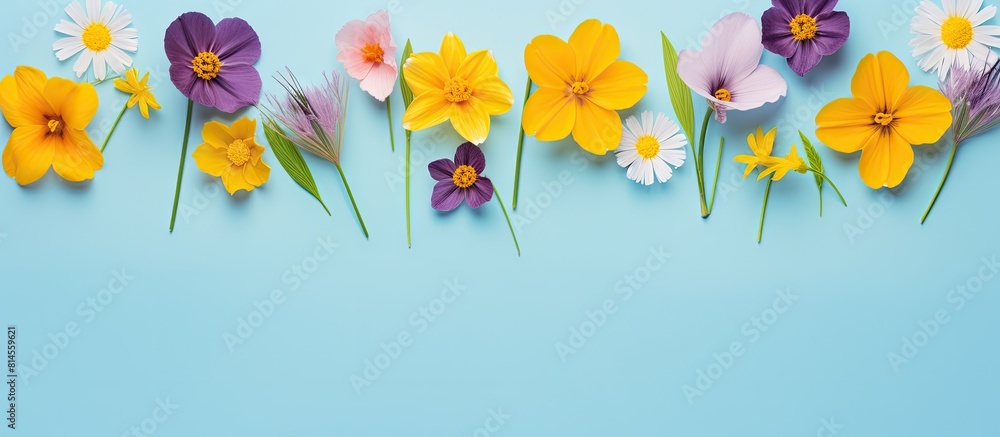 Poster A flat lay of yellow and purple flowers on a pastel blue background creates a charming spring and Easter themed composition with a top down view and plenty of copy space for customization