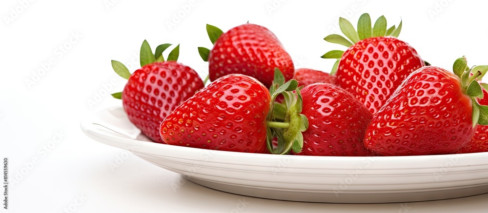 Poster A close up view from above of a plate of fresh strawberries which are part of a healthy raw diet The image is isolated on a white background and includes copy space for text or framing