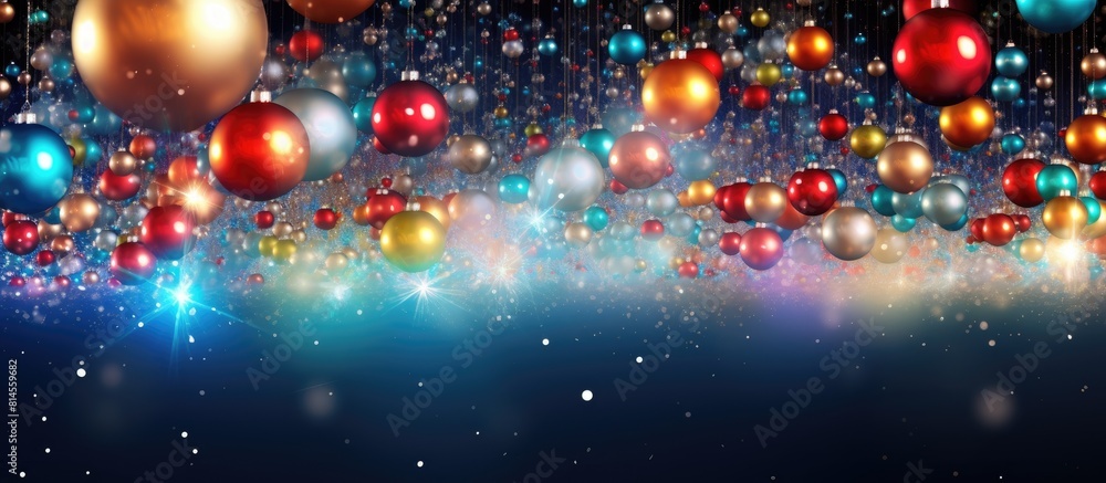Poster a festive scene with colorful christmas balls and a joyful new year celebration max 200 characters. 
