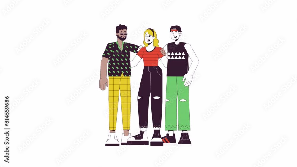 Poster positive diverse line 2d characters animation. multicultural group interaction flat color cartoon 4k