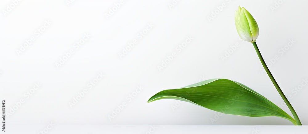 Poster A single green leaf of a tulip stands alone against a clean white background creating the perfect copy space image