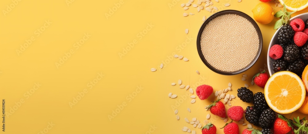 Poster top view copy space image of a nutritious and filling breakfast for athletes consisting of fruits oa