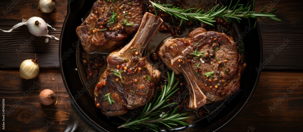 Poster top view of braised lamb chops with garlic rosemary and peppercorns featuring a copy space image
