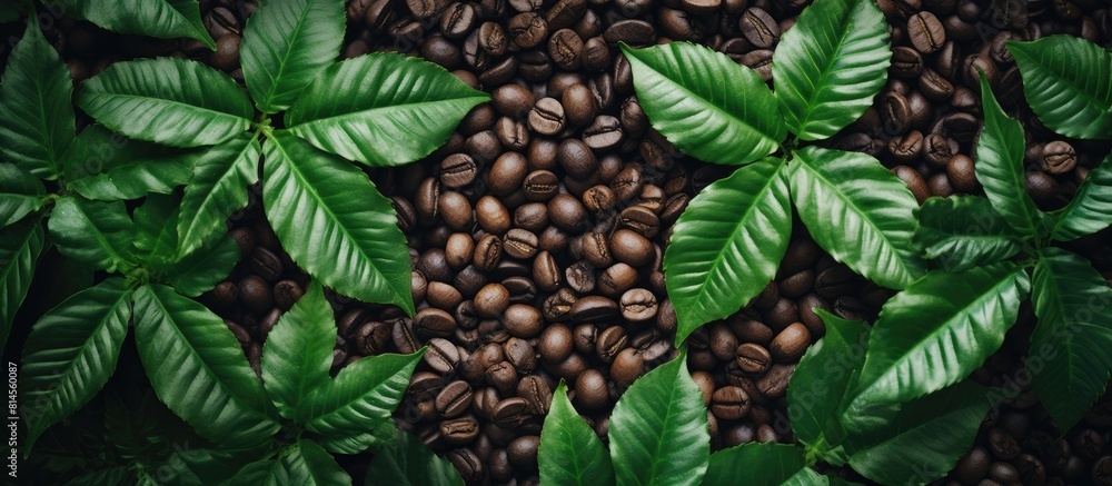 Poster top view of coffee beans with a background of marijuana leaves a green cannabis leaf rests among the