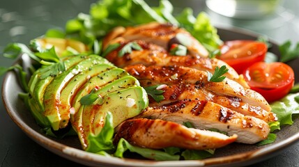 Grilled chicken avocado salad on dark table
