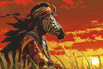 Egyptian queen as Zebra illustration at red sunset