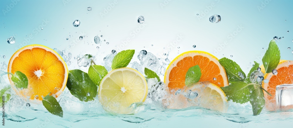 Poster A refreshing summer background featuring orange lemon lime and mint leaves on ice with a panoramic view Copy space image available
