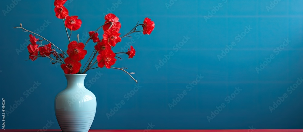 Poster sunlight illuminates a blue vase filled with vibrant red flowers creating a captivating copy space i