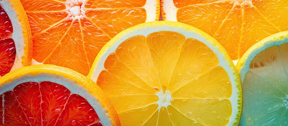 Poster A vibrant and artistic pattern of freshly sliced oranges creates a captivating texture The neon colors add a mesmerizing touch to the macro top view image that features copy space This visually appea