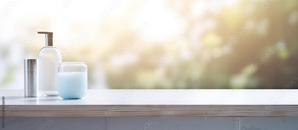 Poster blurry bathroom background with a table top and copy space image