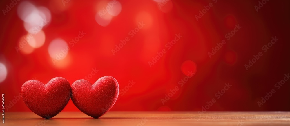 Poster a copy space image with two wooden hearts placed on a vibrant red background symbolizes the essence 