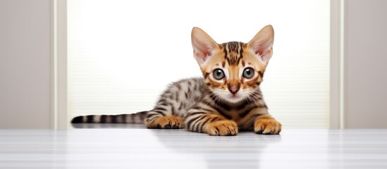 A young and adorable Bengal kitten rests peacefully on a blank white backdrop leaving ample space for additional content