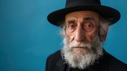 Elderly man with white beard in black attire against blue background
