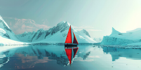Sailboat with red sails floating on the water with icebergs in the background. A lonely sailing boat floating in the ocean.
