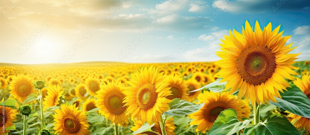 Poster a vibrant sunflower field with plenty of copy space in the background showcasing its full bloom