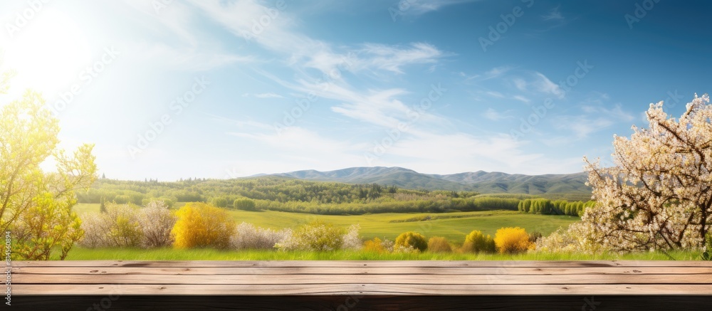 Poster a springtime panorama of a sun filled landscape with a wooden table in the foreground providing ampl