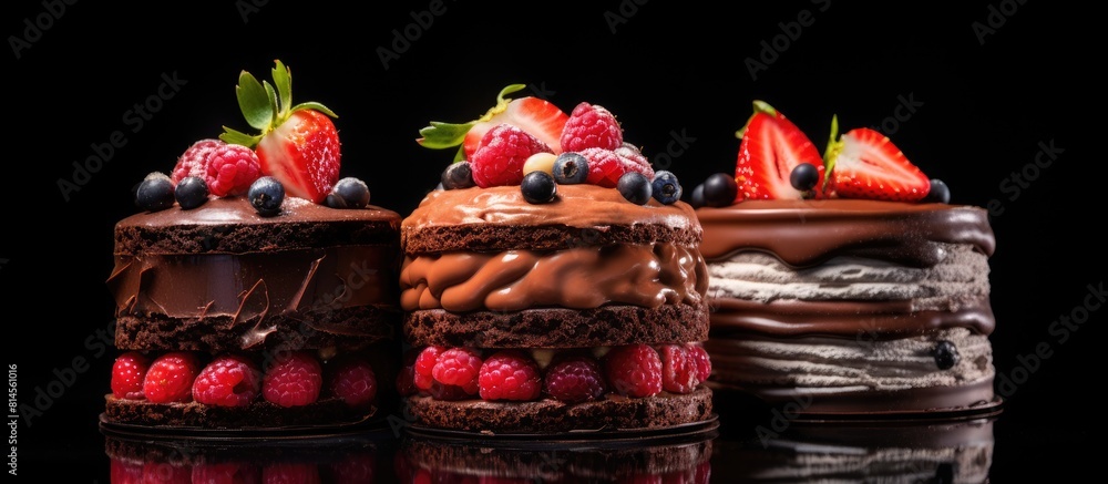 Poster A layered cake with three different types of chocolate souffle adorned with strawberries on a black background A confectionery background with plenty of copy space for your design needs