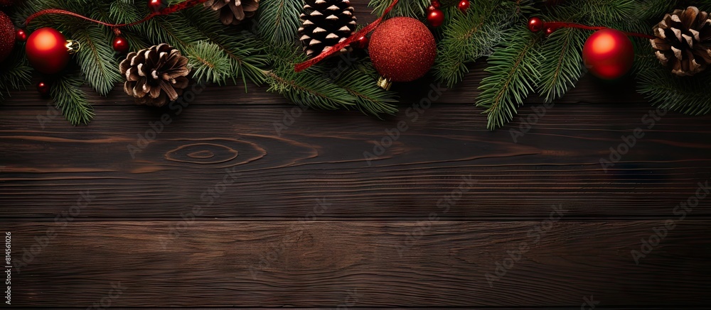 Poster Top view of a Christmas background adorned with festive fir branches and Christmas decorations Perfect for adding text with copy space image available