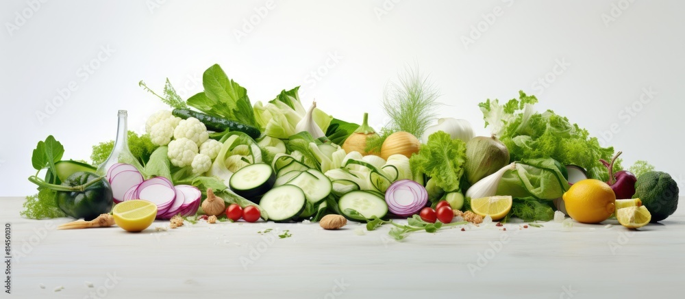 Poster a refreshing assortment of mixed greens cucumber onion and other ingredients come together to create