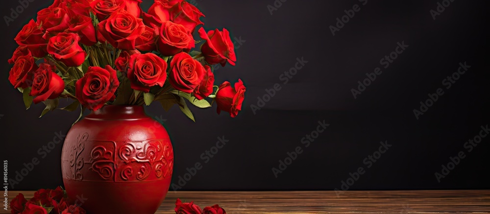 Aufkleber a vase containing a beautiful arrangement of vibrant red roses with ample space around for copy or o