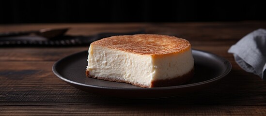 A close up of a homemade freshly baked cheesecake on a black plate placed on a kitchen wooden table The image showcases the concept of home baking with copy space available - Powered by Adobe