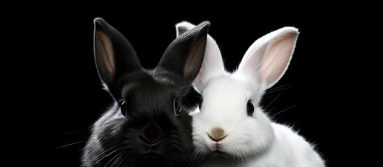 Fototapeta premium Black and white mini rex rabbits in a copy space image against a black background