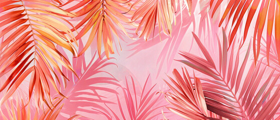 Vibrant pink and orange tropical palm leaf print on a white background, creating a tropical vibe.