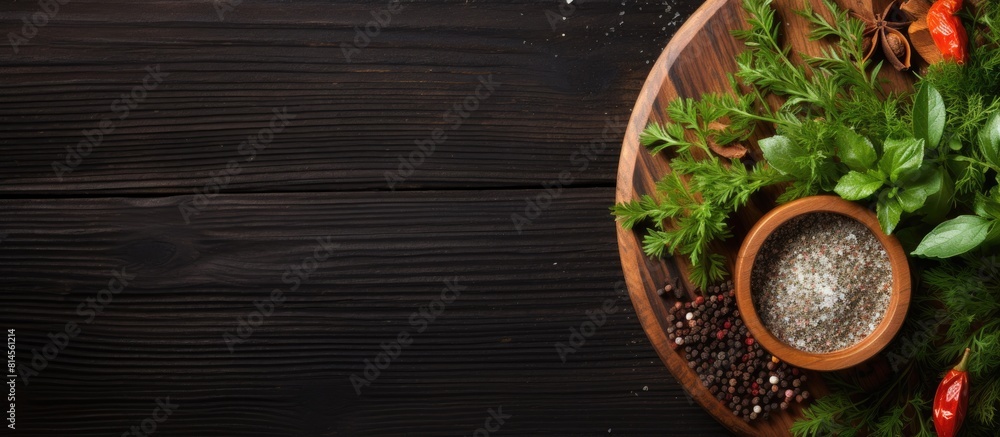 Poster Top view of a round wooden plate with herbs and salt on a dark wooden background creating a copy space image