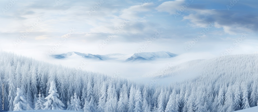 Poster an aerial copy space image captures the serene beauty of snow covered winter pine forests and birch 