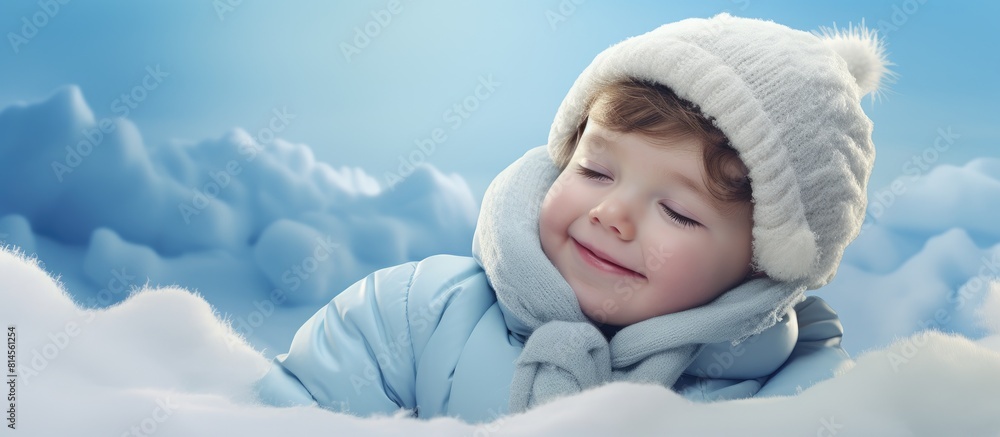 Poster A joyful child is lying on the snow covered ground creating a lovely copy space image